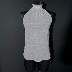 A.L.C. Chiffon Gold Dot’d Keyhole Mock-neck Top